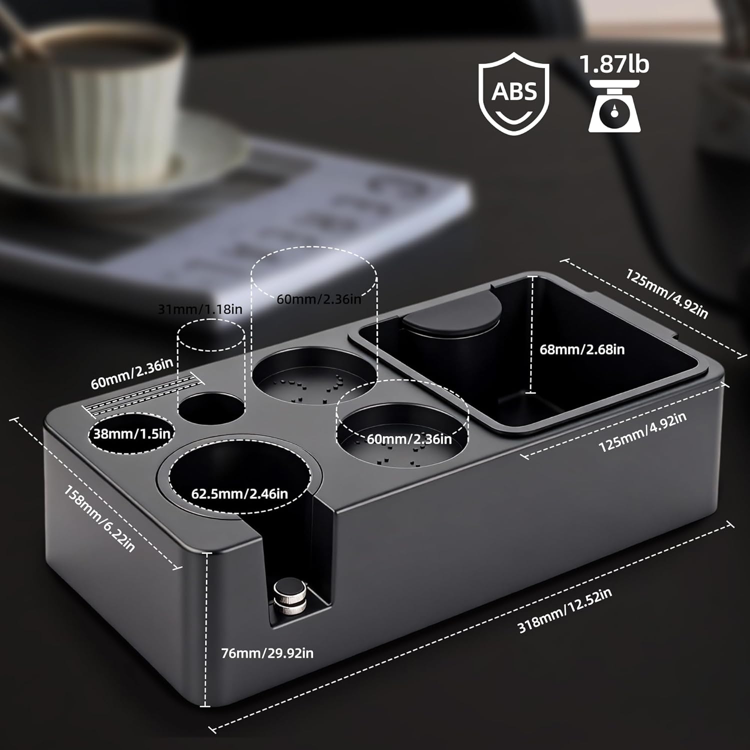 ShanSon Espresso Tamping Station for 51,53,54&58mm Portafilters,Tamper, Distributor, ABS espresso machine accessories with Built-in Detachable Knock Box & Tool Holder Rectangle