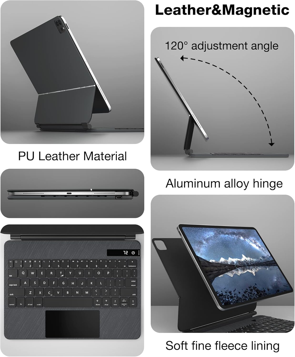 Keyboard case features: PU Leather, Aluminum alloy hinge, 120 degree adjustment, soft fine fleece lining