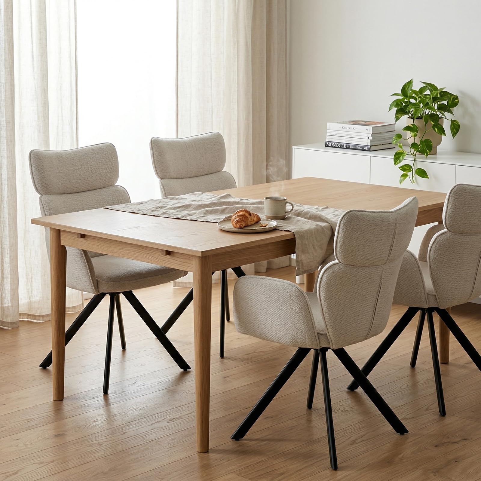 JIEXI Drehbar Esszimmerstuhl mit Armlehne, 180° Schwenkbar Hochlehner Polsterstuhl, Moderner Stoff Küchenstuhl mit Metallgestell, für Esszimmer Wohnzimmer Büro, Weiß/Beige