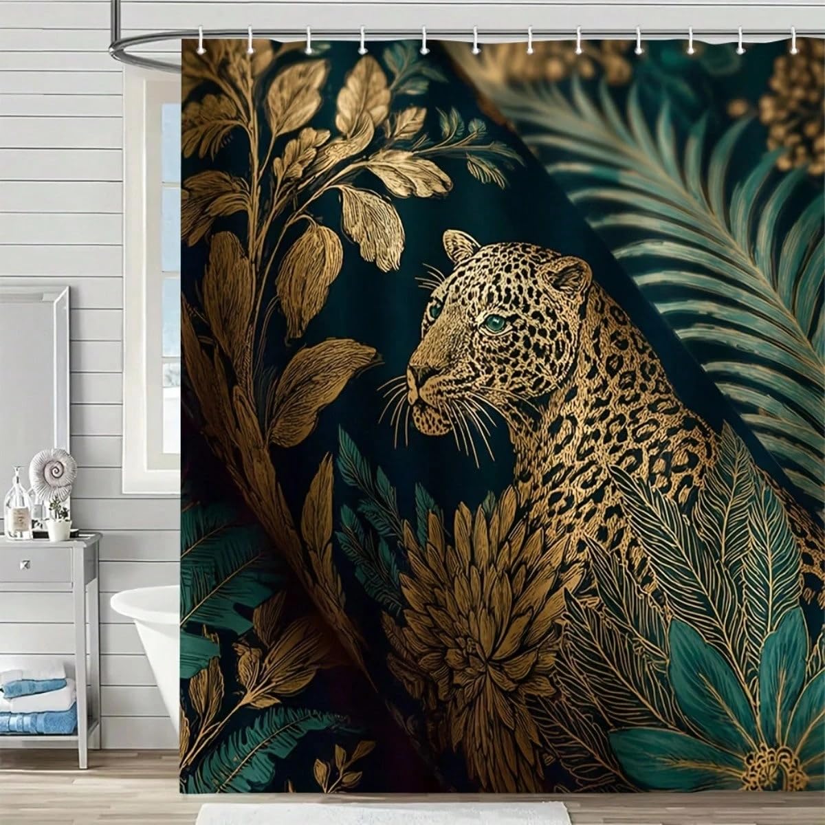 GLKSDLPO Golden Leopard And Floral Design For Bathroom Shower Curtains3D Art Printing Bathroom Shower Curtain Wet Room(170x210cm/67x83in(WxH)
