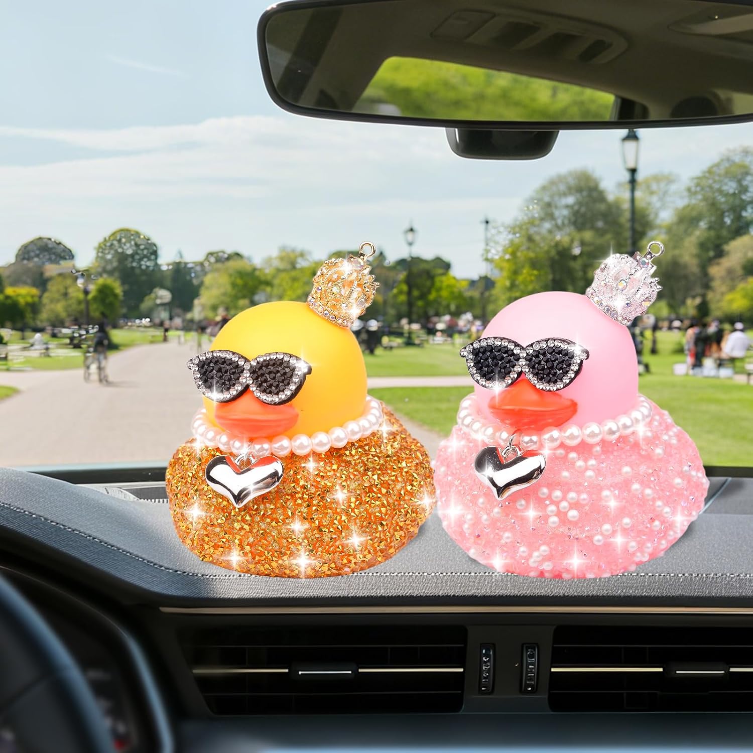 3.5 Inch Big Rhinestones Rubber Duck Car Ornaments, Shiny Diamond Ducks Car Dashboard Decorations with Crown Pearl Chain Sunglasses Birthday Party