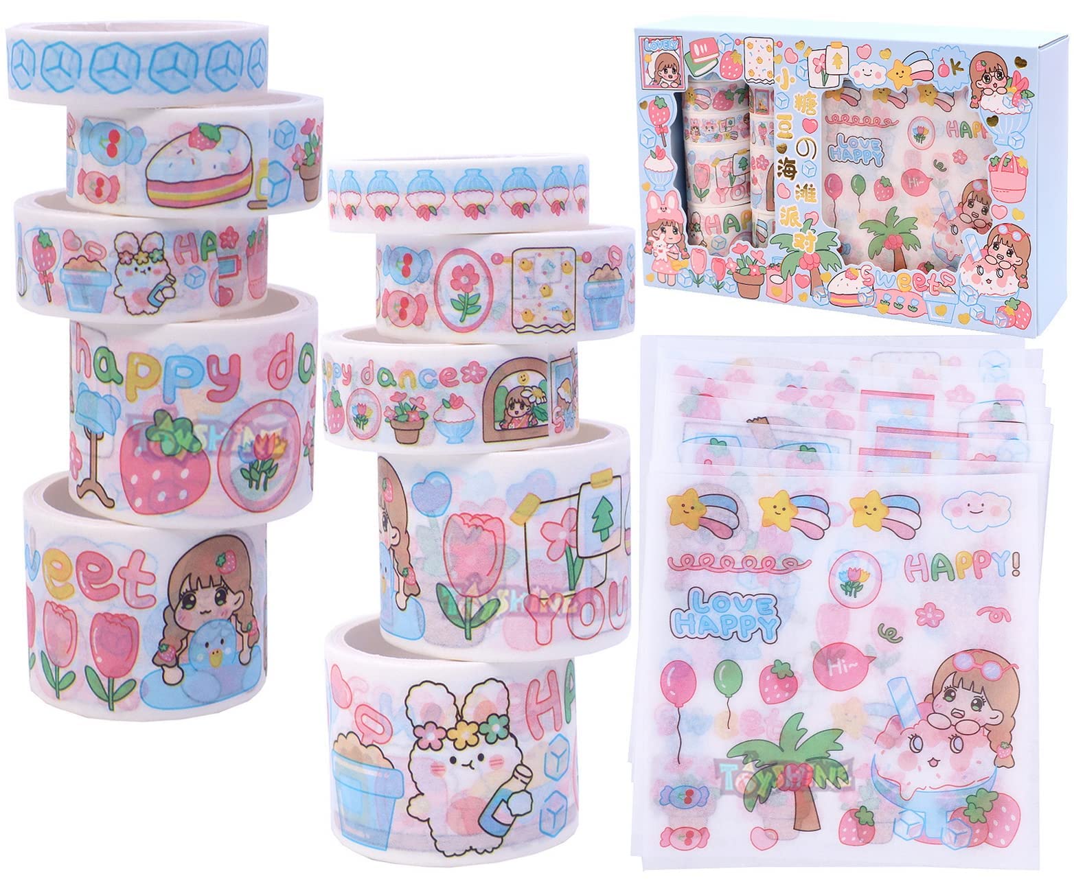 Toyshine Cute Washi Tape Set 10 Tape Rolls, 10 Stickers, Decorative Masking Tapes for Arts, DIY Crafts, Journals, Planners, Scrapbook, Wrapping - Happy Blue (B09VDQCRXT) Amazon Price History, Amazon Price Tracker