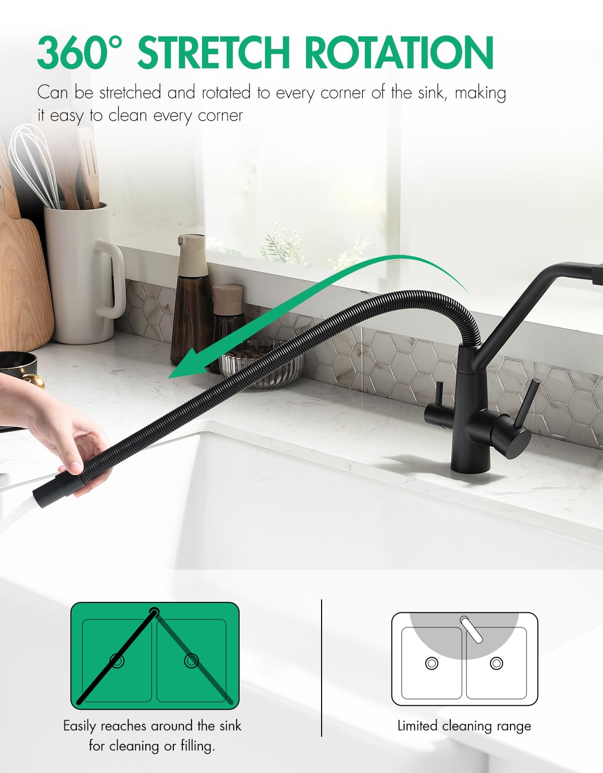 TIMACO - Rubinetto da cucina nero a 3 vie, girevole a 360°, con rubinetto 3 in 1 per filtro dell'acqua, con molla a spirale, con doppia leva, ad alta pressione
