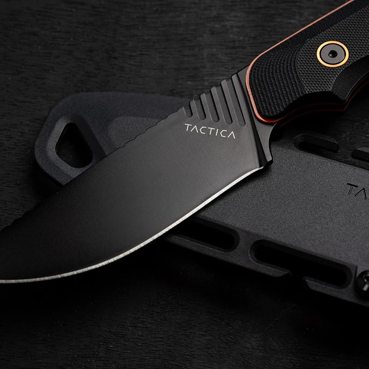 TACTICA K.400 Fixed Blade Hunting Knife, Full Tang D2 Steel Drop Point 3.8in Blade, G10 Handle, Black PVD Finish, Injection Molded Sheath - Survival and Camping, Durable Field and Skinning Knife