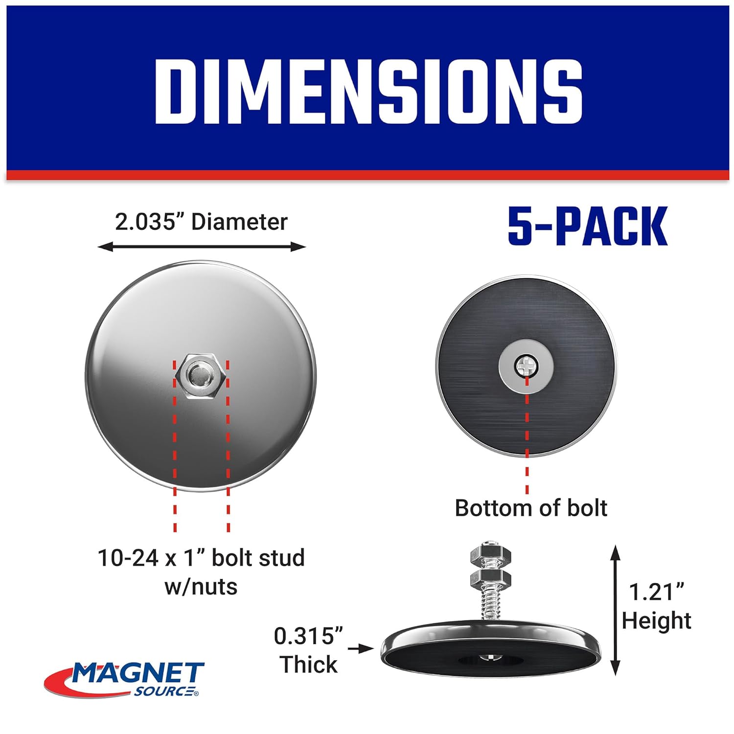 Master Magnetics Ceramic Round Base Magnet with Bolt and Nuts Pack - Heavy-Duty Strong Magnets - 35 lb Pull Each - Nickel-Plated - 2.04" D - 1.25" H - 5-Pack