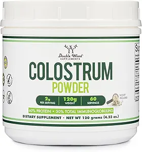 Double Wood Supplements Bovine Colostrum Powder for Women and Men, for Gut Health, Skin & Hair, Immune Support (120 Grams, 60 Day Supply - Standardized to 30% Total Immunoglobulins and 60% Protein)