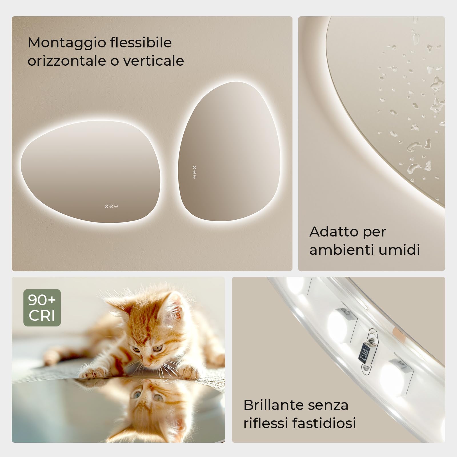 S'AFIELINA Specchio da bagno con luci a LED,75 x 55 cm,con interruttore Smart Touch,luce dimmerabile in 3 colori,anti-appannamento,funzione memoria,retroilluminato,specchio bagno asimmetrico