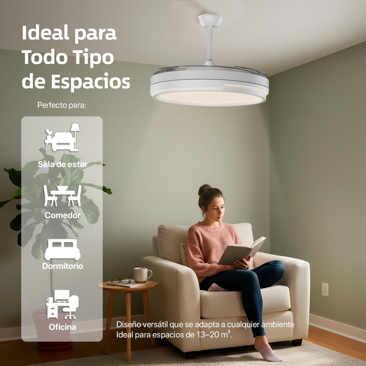 Ventilador con Luz LED 66W + Motor DC 30W, 8280 lm, con mando, Ultra Silencioso con Motor DC, 6 velocidades, aspas retráctiles, 3 temperaturas de luz, función verano-invierno (Blanco Liso)