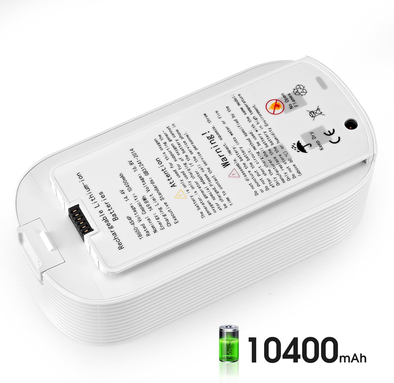 En angle view of the Varon battery, showing the connector and label.