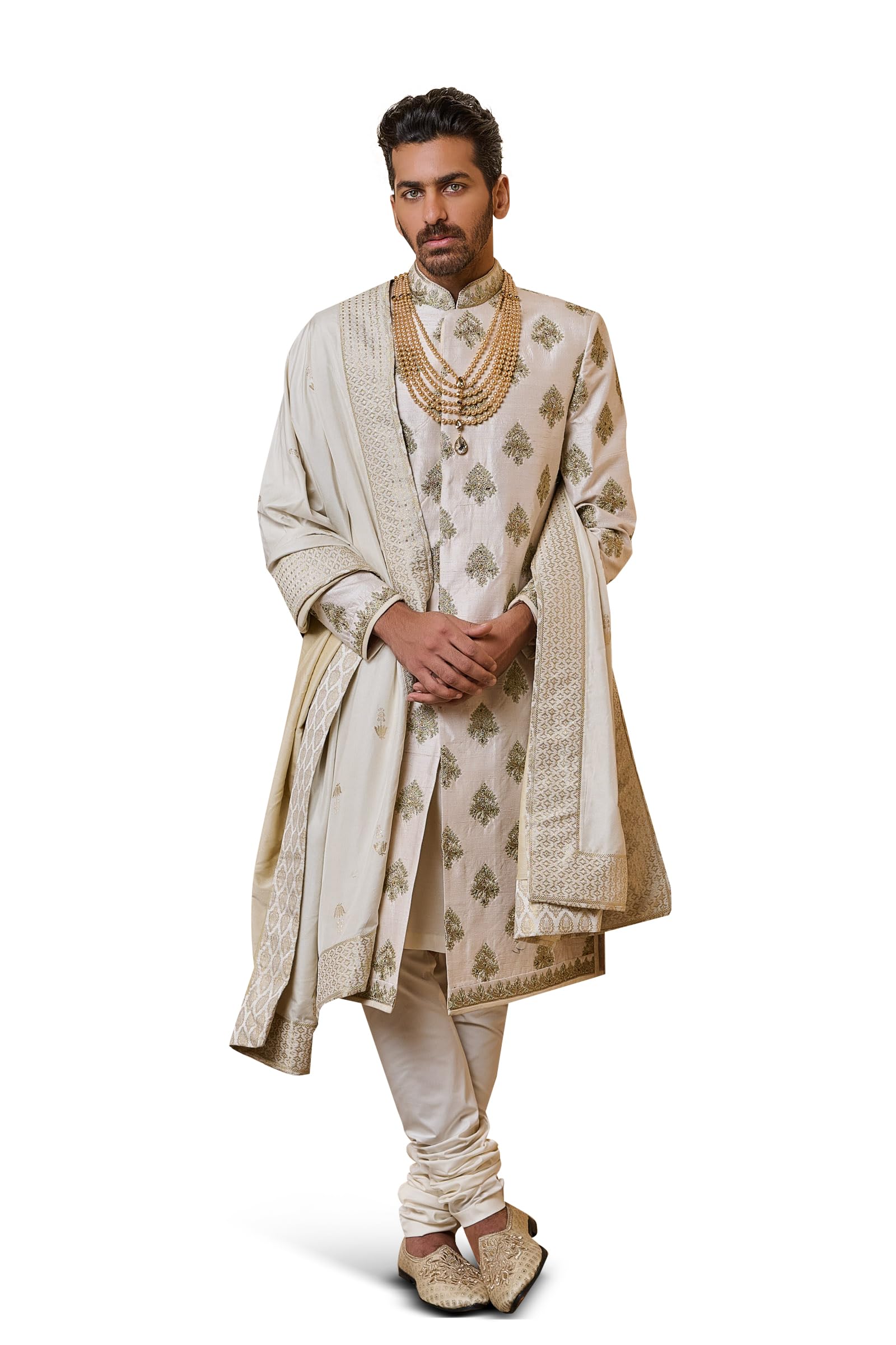 tasva Ivory All Over Zari Butta Embroidered Sherwani For Men-picture-21