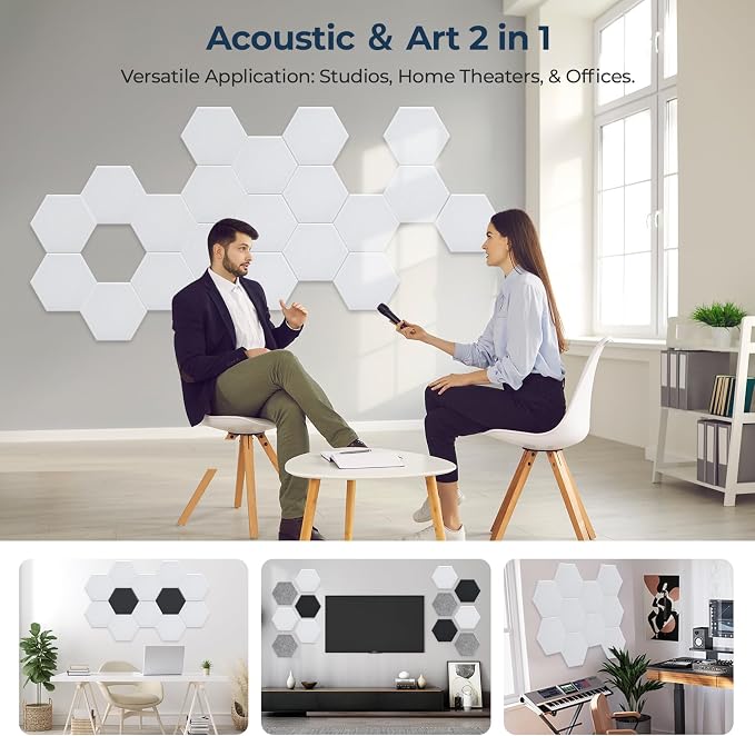 12 Paneles Acústicos Hexagonales Pack de 12, 12" x 10" x 0.4" Paneles de Pared Acústicos de Alta Densidad, Auto-Adhesivos para Estudio, Hogar u Oficina, Blanco miniatura 6