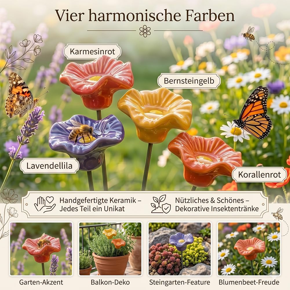 Keramikblüten für Bienen 4/8er-Set, Handgemachte Bienentränke Keramik, Wetterfest & Glasiert Bienentränke Blume, Insektentränke für Beet, Balkon, Terrasse, Fensterbank oder Blumentopf (4)