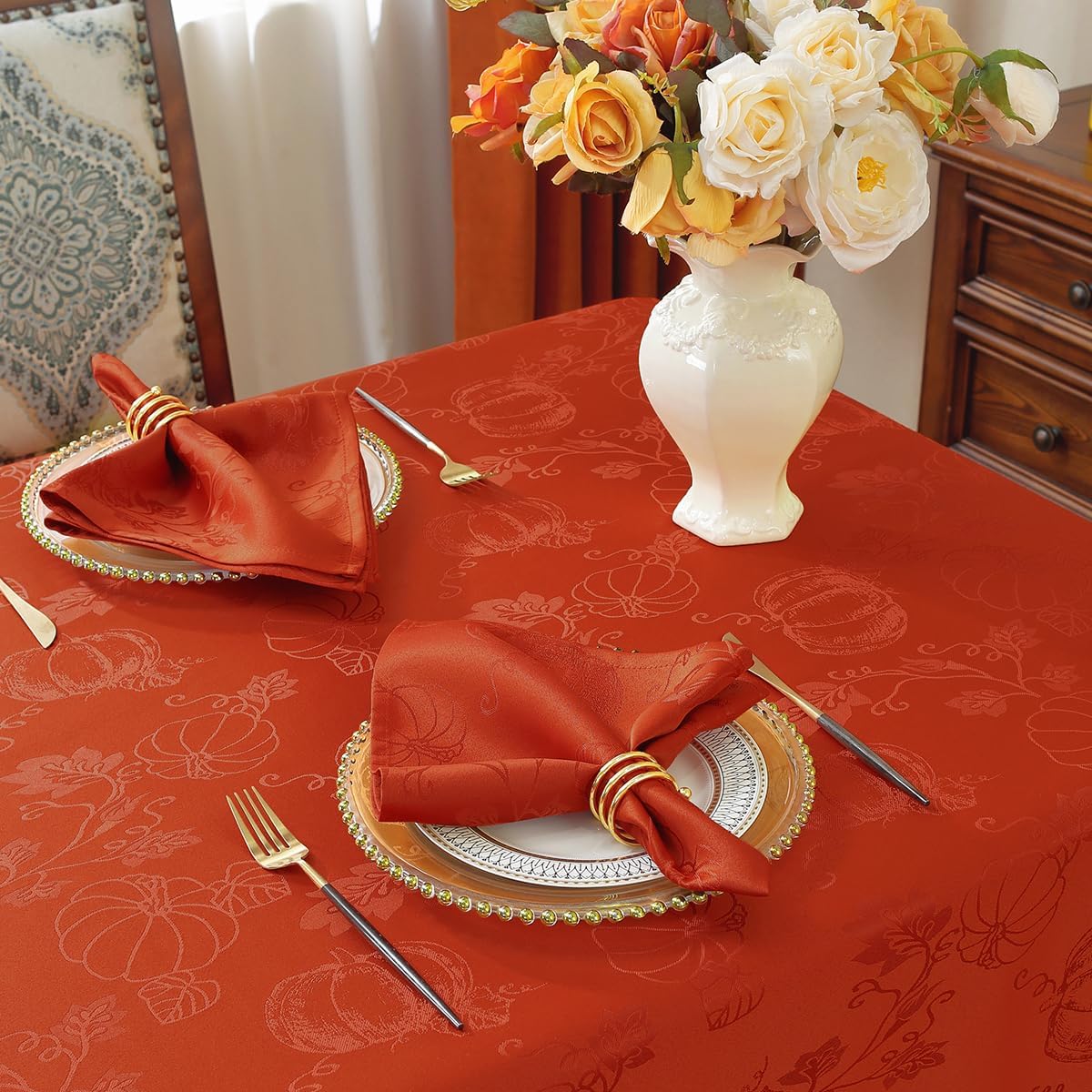SASTYBALE Thanksgiving Tablecloths for Rectangle Tables Jacquard Fall Table Cloth with Pumpkins and Vines Stain Resistant Table Cover for Autumn Harvest, Dining, Party Decor (60 x 120 Inch, Red Rust)