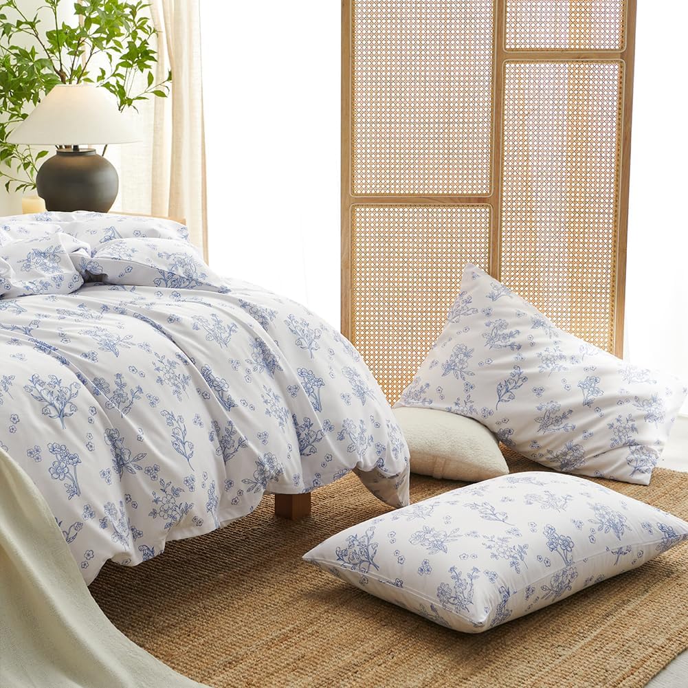 Blue Floral Duvet Cover Full Farmhouse Botanical Flower Bedding Set for Kids Girls Boys Spring Flowers Bed Set Reversible Blue White Comforter Cover Soft Microfiber 3Pcs Zipper Closure - Image 4