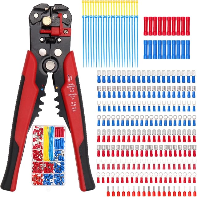 Moniss Conjunto de terminais de cabo de crimpagem 260PCS Kit termorretrátil Conector elétrico de fio isolado Caixa sortida com alicate removedor de fio portátil