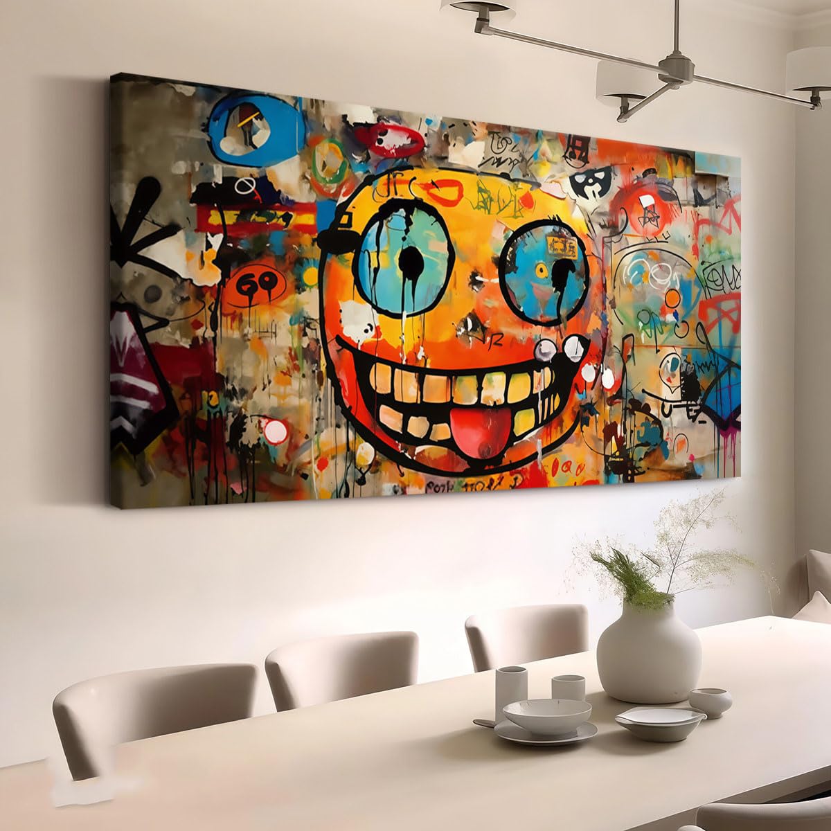 Abstrakcyjny nowoczesny obraz dekoracyjny z wesołą twarzą i kolorowym graffiti na ścianę (60 x 120 cm / z ramą)