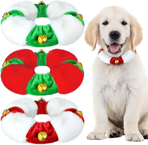 3 piezas de collar de cascabel de peluche navideño para perro, blanco, rojo, verde, elástico, festivo, día festivo, collar elástico de Navidad para