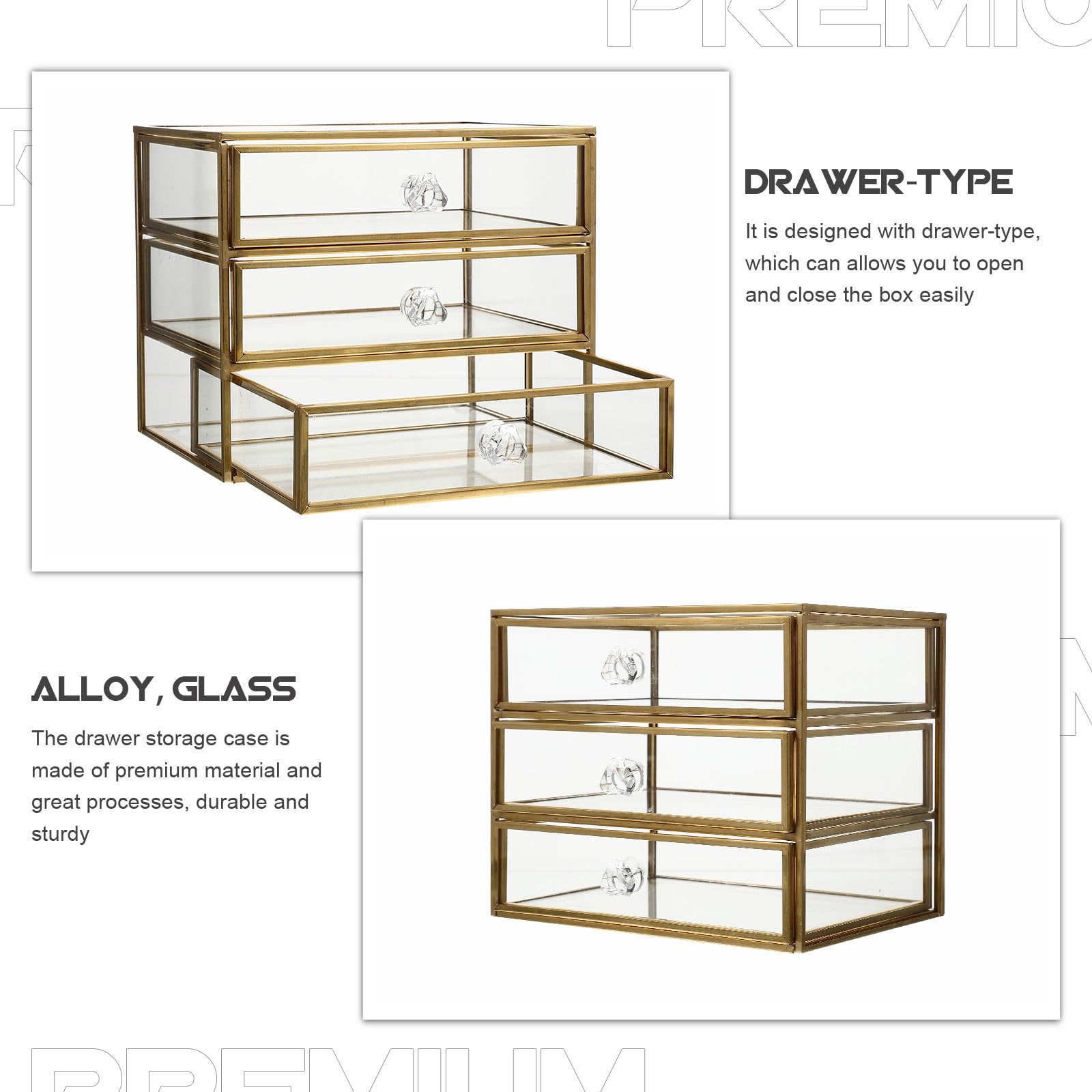 Estuche de Almacenamiento de Maquillaje Estructura de Aleación y Vidrio Diseño Transparente 3 Niveles Cajones Dorado para Joyas y Cosméticos