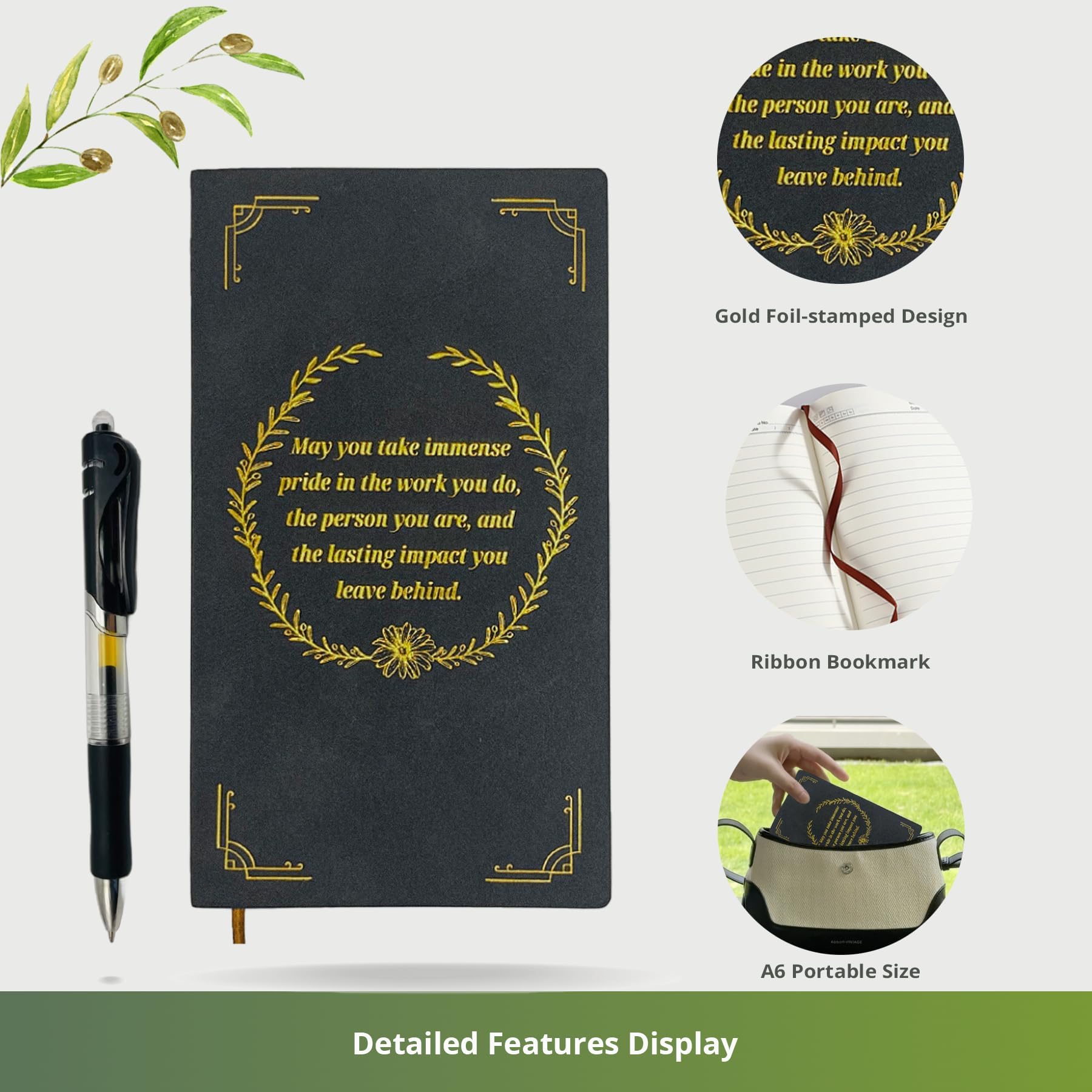 30 Sets Employee Appreciation Gift Set, A6 Faux Leather Notebook with Gold Foil Motivational Quote & Ergonomic Retractable Gel Pen, Ideal for Coworkers, Teachers & Volunteers