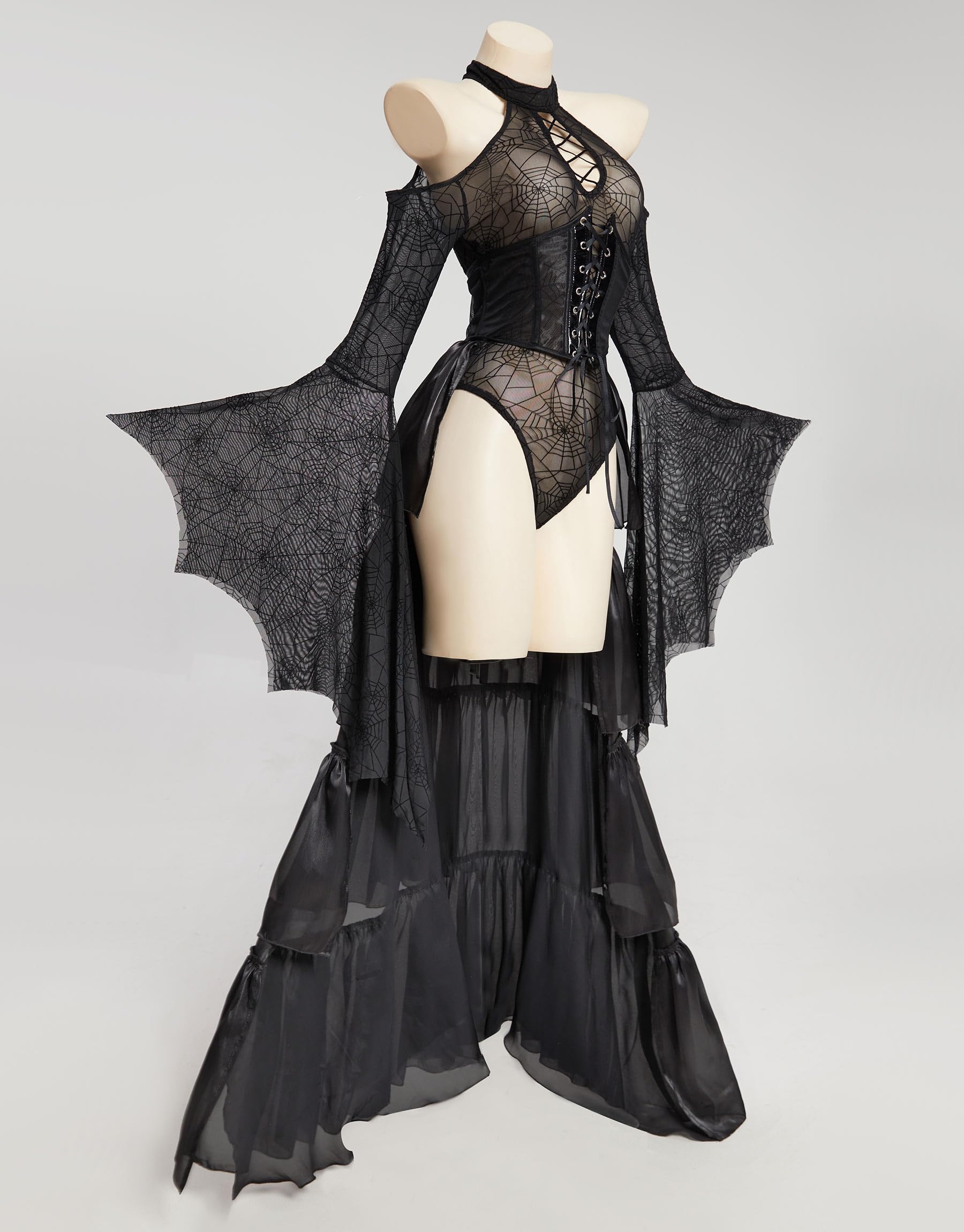 MEOWCOS Gothic Bodysuit Black Spider Web Off-shoulder Long Sleeves Lingerie with Trailing Corset