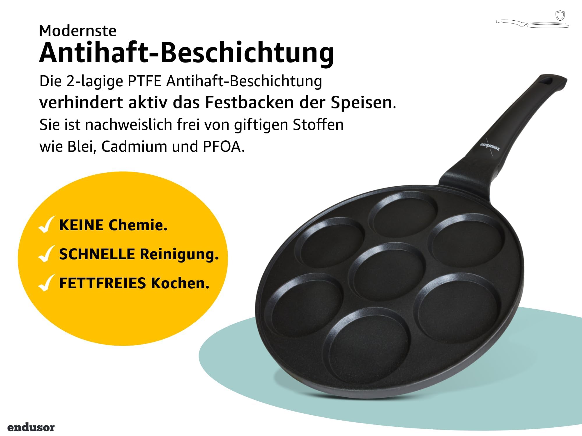 endusor Pancake Pfanne Induktion - Spiegeleipfanne Ø26cm mit 3-fach PowerShield-Beschichtung. Für alle Herdarten: Induktion Ceran Gas Elektro. Pfanne mit 4 Formen für Pancakes, Eier und Pfannkuchen