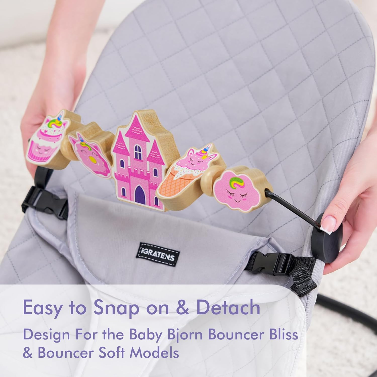 iGRATENS Baby Bjorn Bouncer Toy Bar, Adorable Pink Elements Wooden Toy for Bouncer Soft & Bliss, Easy to Attach and Remove, Child-Friendly Materials, Special Design for Baby Girls, Castle & Dessert