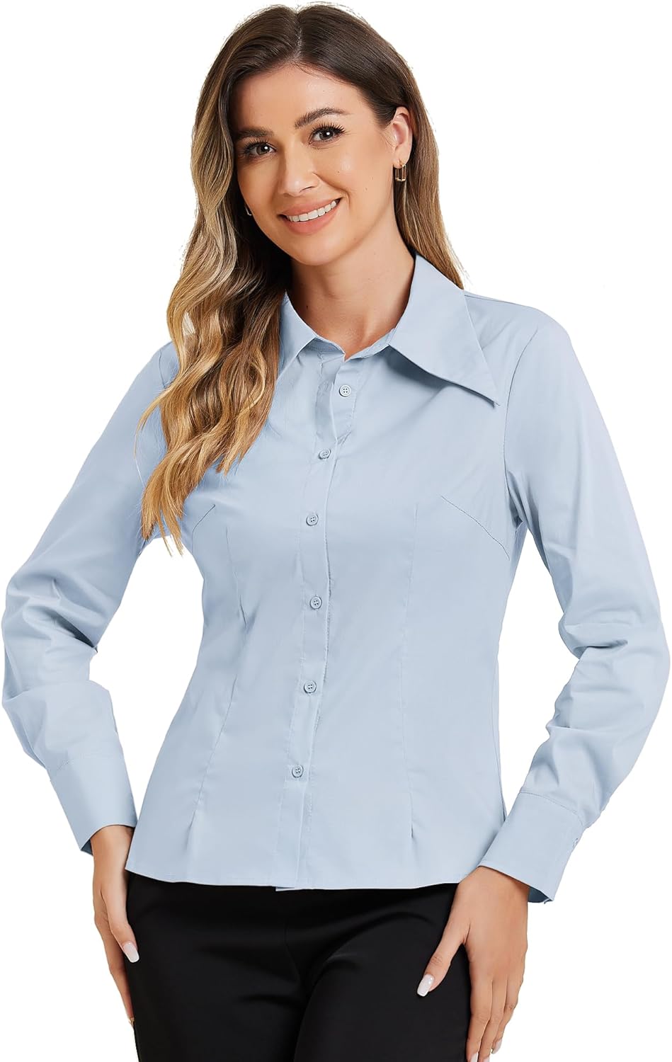 Allegra K Point Collar Button Down Shirt for Women's Work Office Big Collared Long Sleeve Top