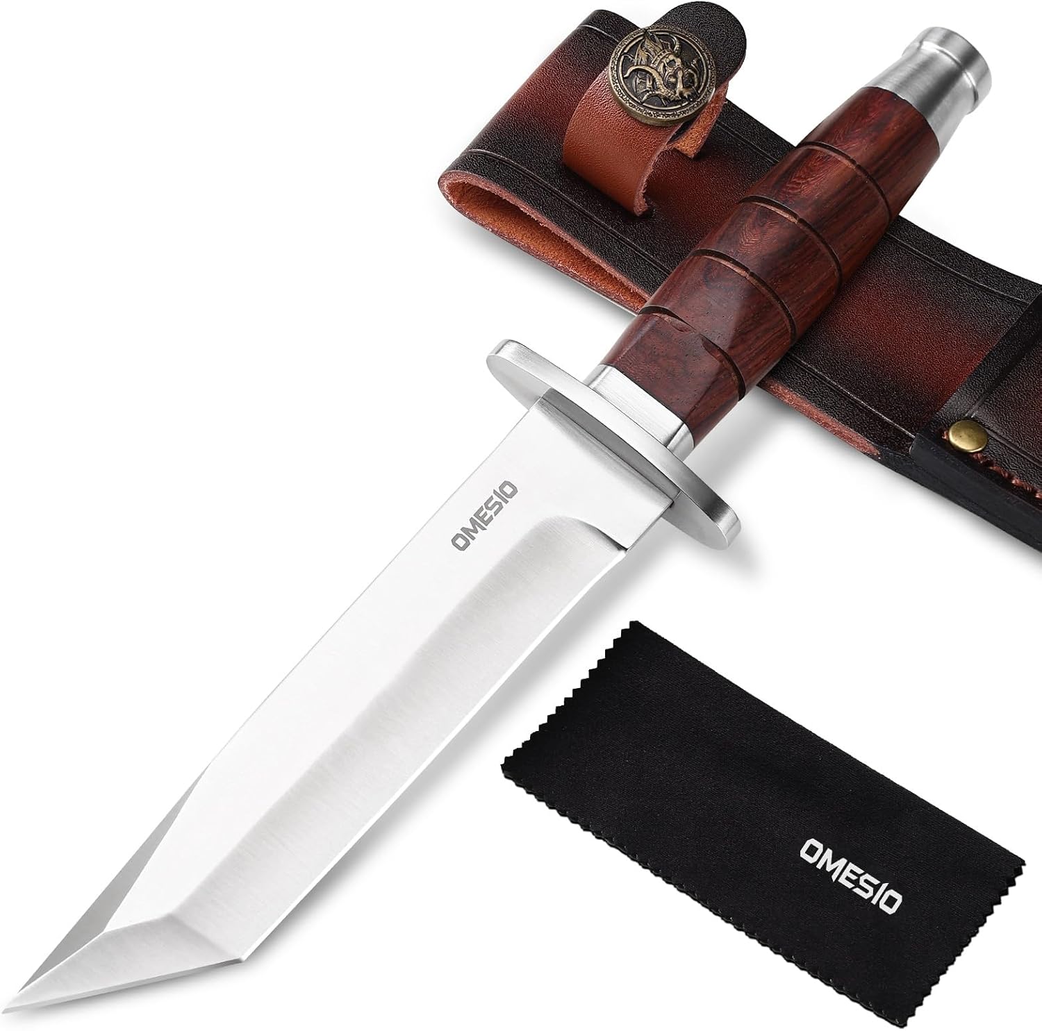Omesio Fixed Blade Knife with Sheath, Tanto Full Tang Knife 6.1'' 5Cr14MoV Blade, Leather Sheath & Rosewood Handle for Hunting, Camping, Survival, Bushcraft & Gift