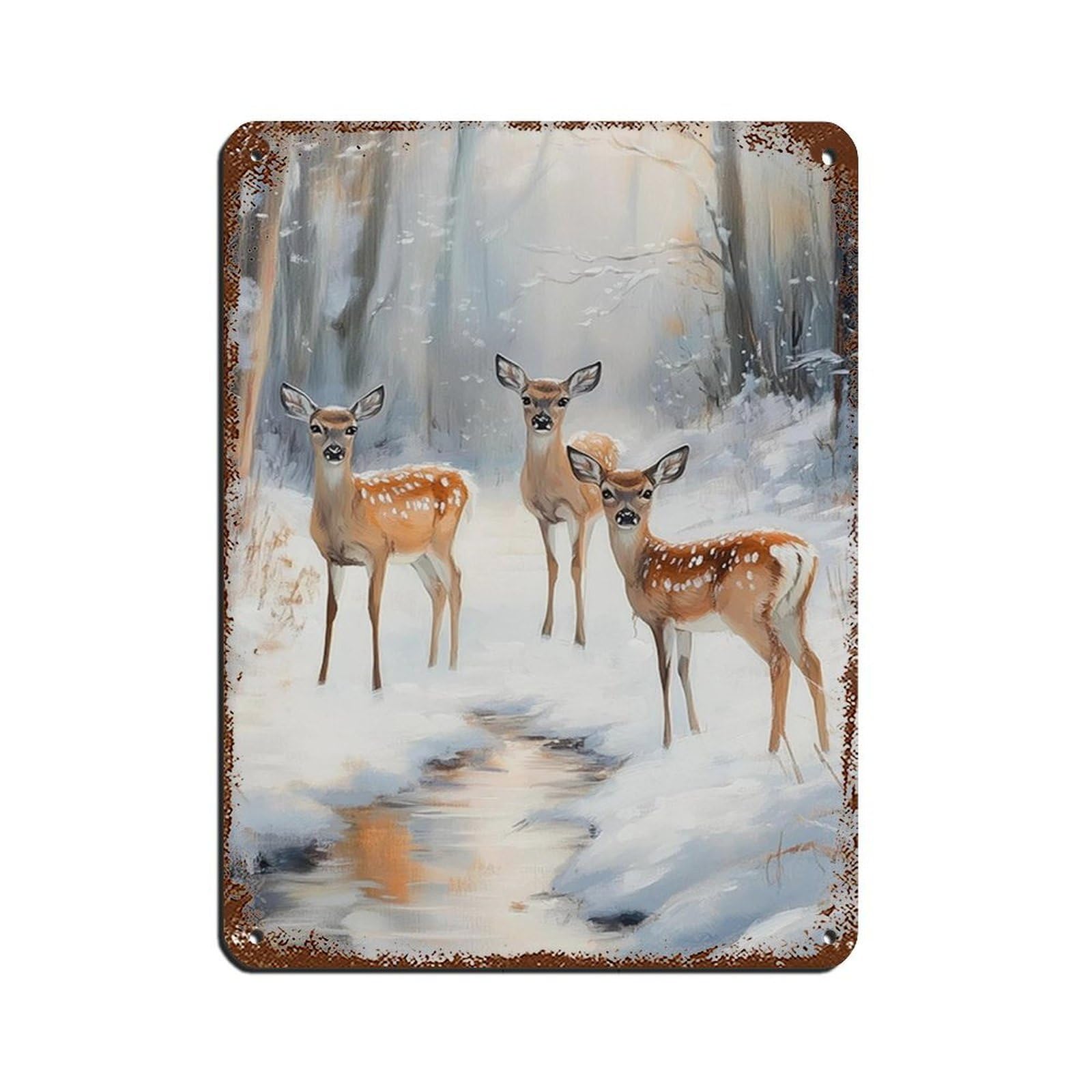 Snowy Forest Art, Deer PaintingPoster Retro Poster Metal Tin Sign Chic Art Retro Iron Painting Bar People Cave Cafe Family Garage Poster Wall Decoration 12x16inch(30x40cm)