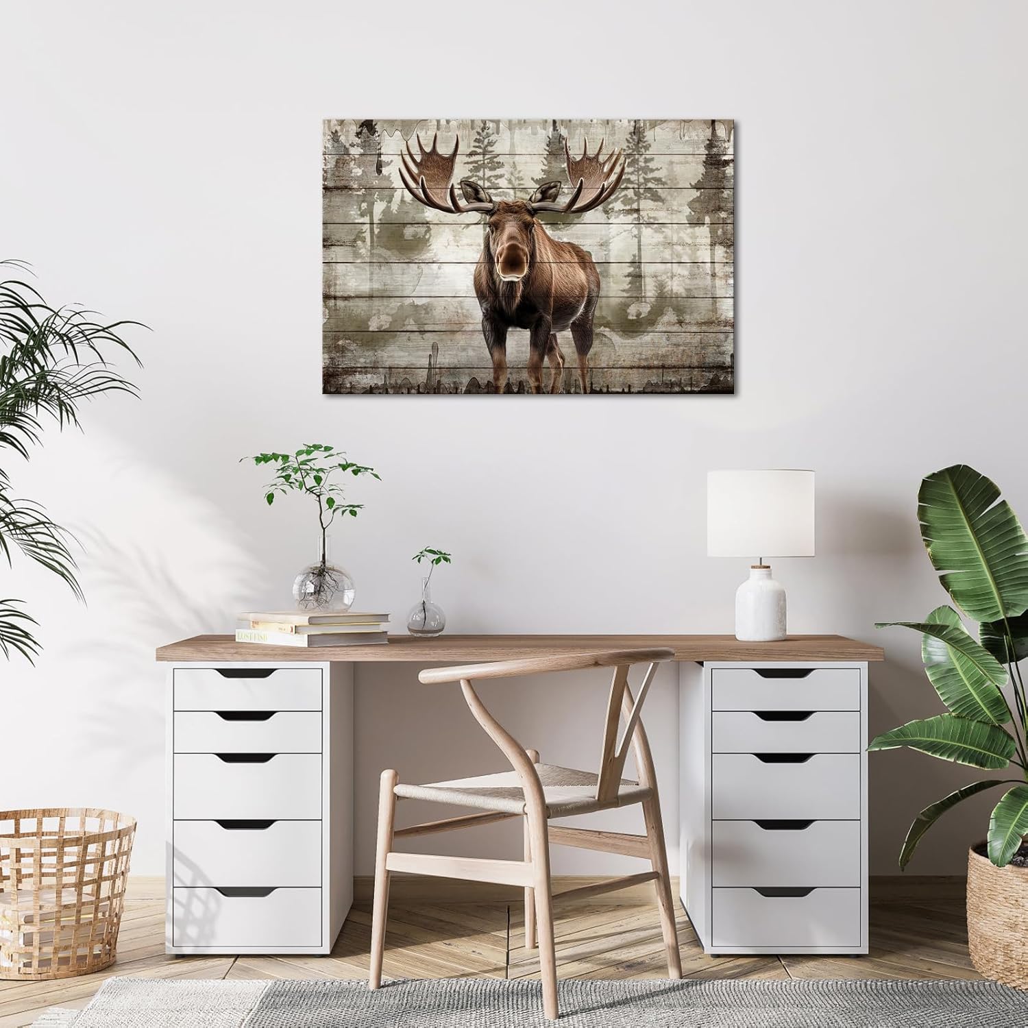 iKNOW FOTO Moose Canvas Wall Art - 24x36 Modern Rustic Wildlife Print - Majestic Elk Deer with Big Horns - Vintage Framed Artwork for Living Room, Bedroom, Cabin Decor