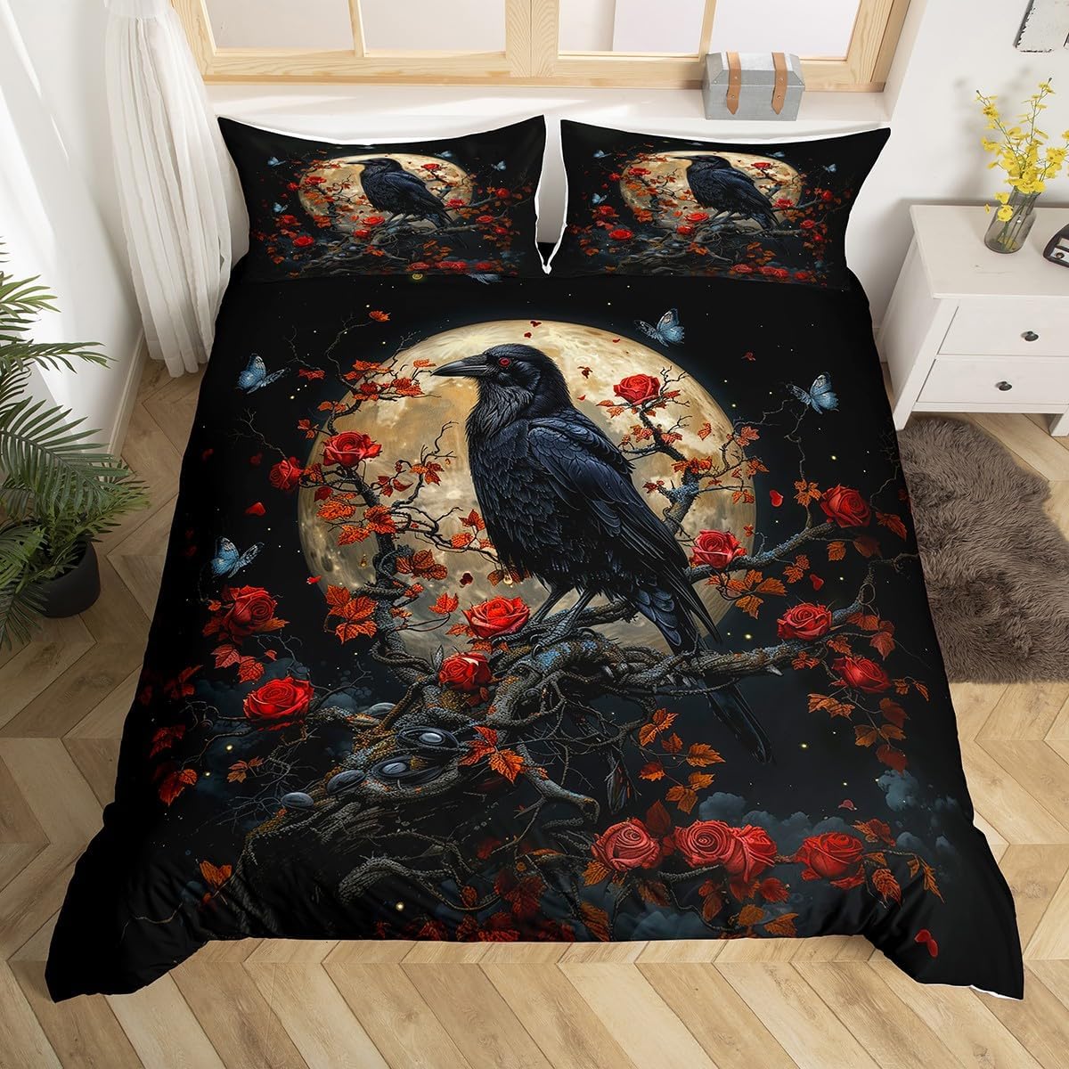 Erosebridal Gothic Crow King Duvet Cover,Red Rose Floral