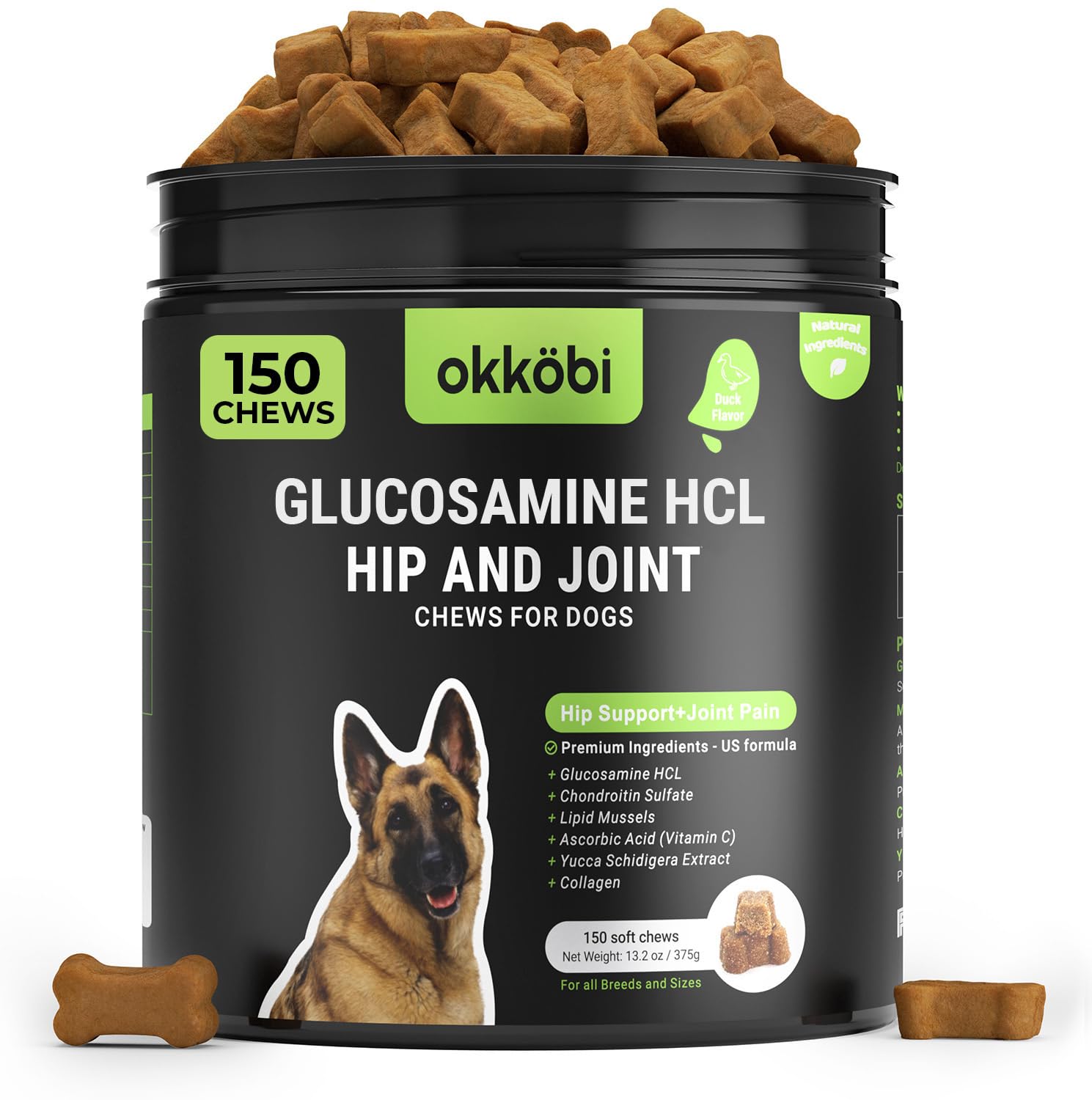OKKÖBI Glucosamine HCL & Hip and Joint Chews for Dogs, 150 pcs, Advanced Hip and Joint Support for dogs