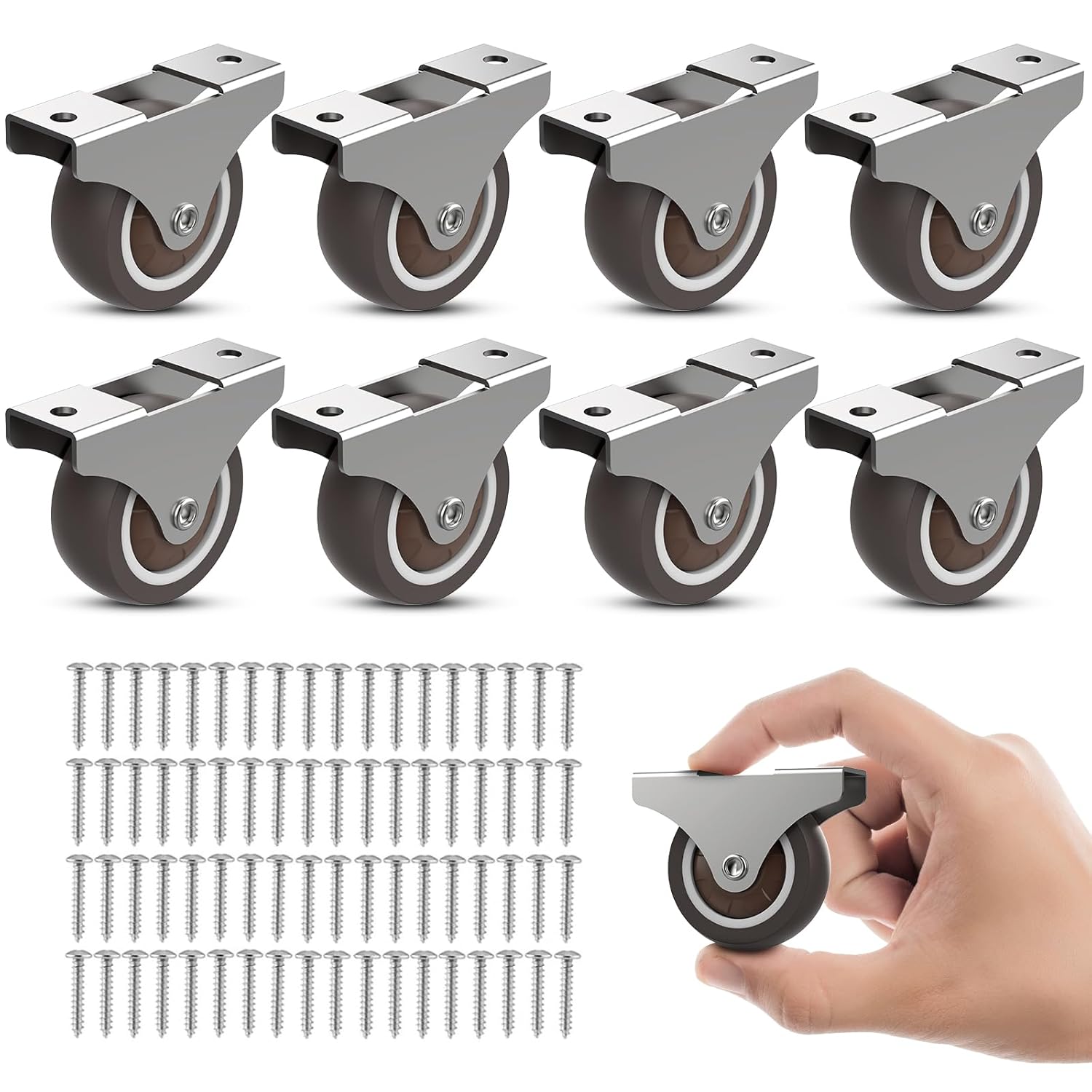 2 Inch Fixed Caster Wheels Low Profile for Furniture Drawers Storage Bins (Brown 8PCS)