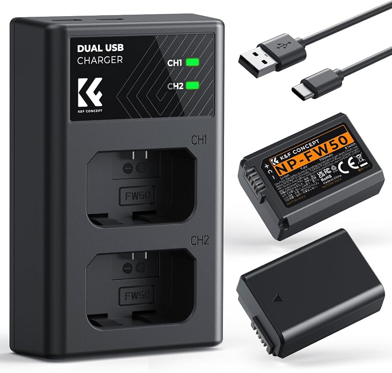NP-FW50 Battery Charger Set, 2-Pack 1100mAh Replacement Battery | Compatible with Sony ZV-E10 A6000 A6500 A6400 A6300 A7 A7II A7RII A7SII A7S A7R RX10 Camera, Micro US B& USB-C 2-Slot Charger