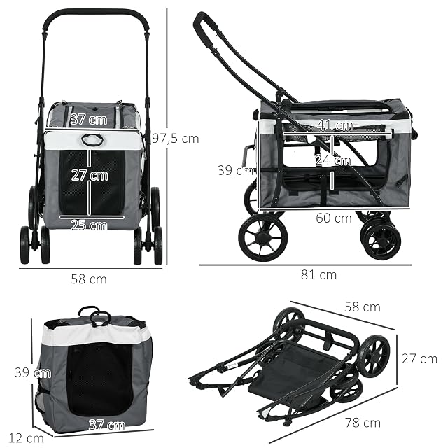 Foto 3 de 8 de PawHut Carrito para Perros 4 en 1, Plegable para Pequeños, 10 kg, Gris