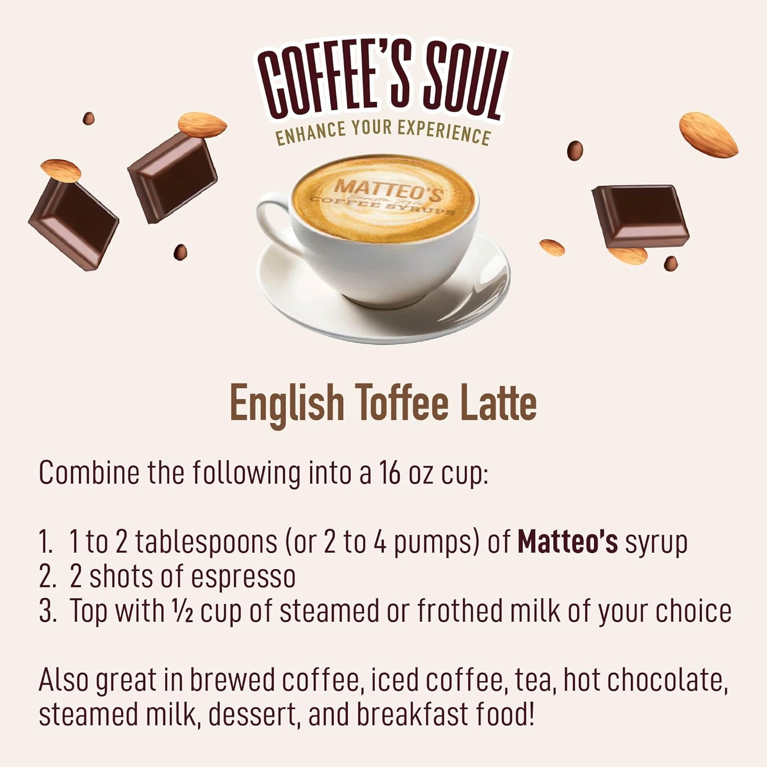Matteo's English Toffee Syrup for Coffee, Lattes, Cappuccinos & Desserts – Sugar-Free Sweetener for Beverages, Keto Friendly, Zero Calories, Indulgent Flavor, Non-Alcoholic, 33.8oz (6pk)