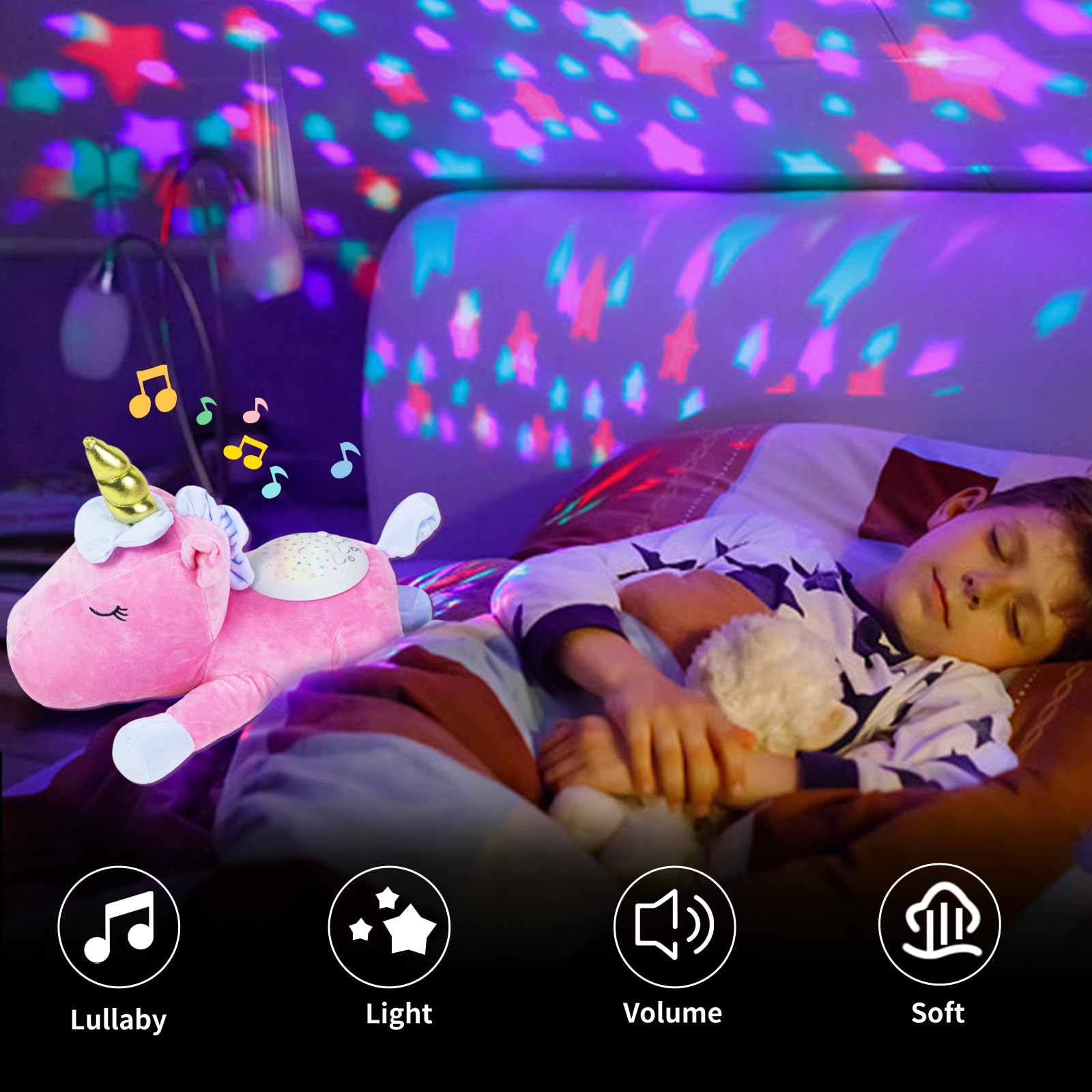 Baby Sleep Soothers, Unicorn Plush Toys Night Light - Nursery Decor Night Light Projector Toddler Crib Sleeping Aid, White Noise Machine Baby with Soothing Night Light Display & Lullabies