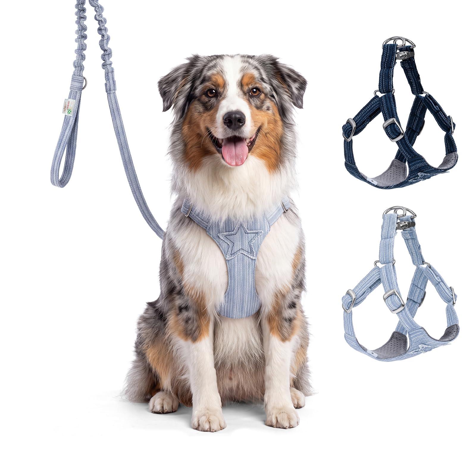 Minimighty No Pull Dog Harness and Leash Set, Cute Denim Escape Proof Puppy Harness, Adjustable Pet Accessories for Small Medium Dogs and French Bulldog