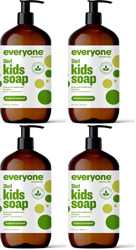 everyone for every body Sabonete infantil 3 em 1 Tropical Coconut para corpo, banho de espuma e cabelo, Pacote com 4