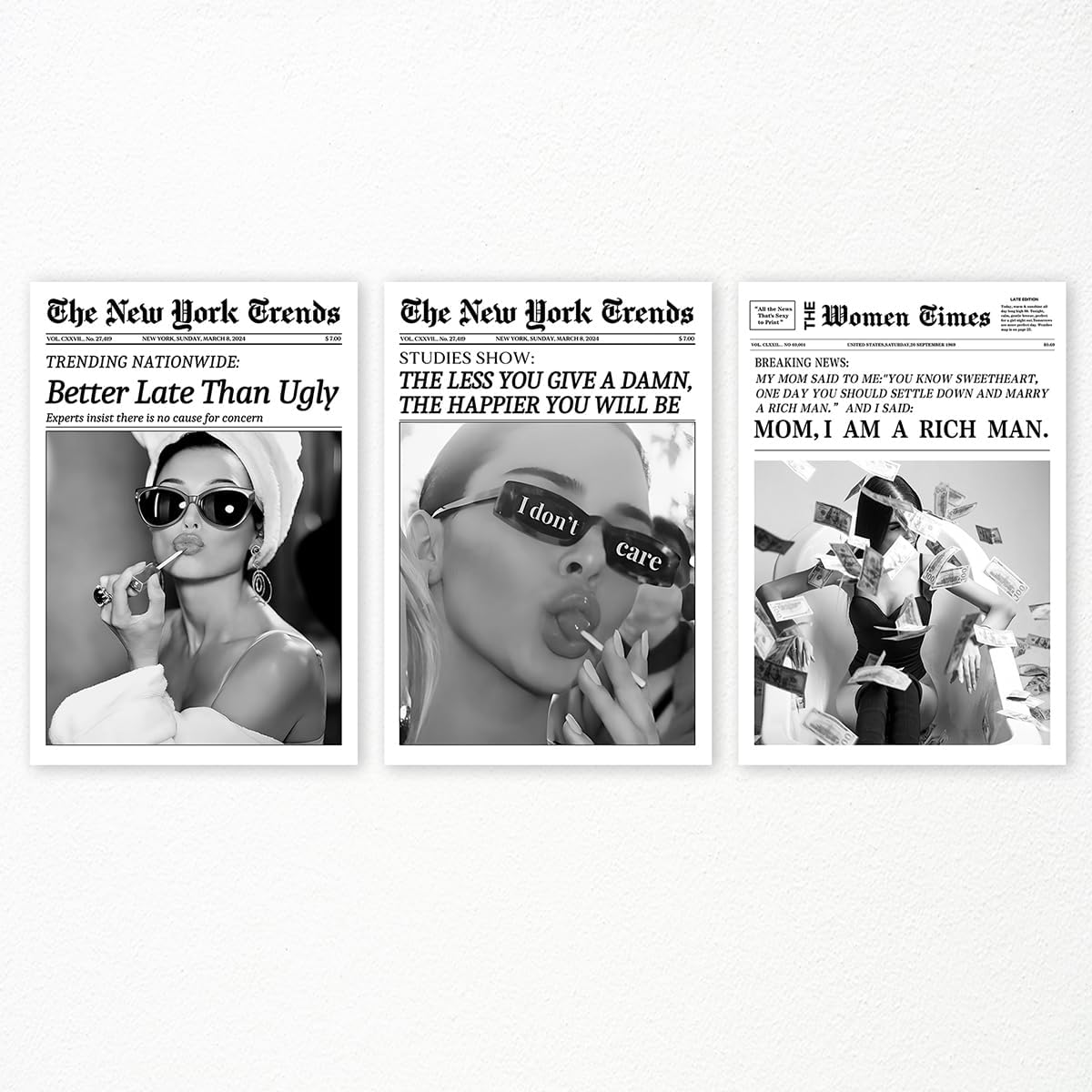 Yuaruo Trendy New York Canvas Wall Art Black and White Newspaper Posters for Room Aesthetic Funky Better Late Than Ugly Wall Art Print Funky Girly Wall Decor Set of 3-8x12in Unframed