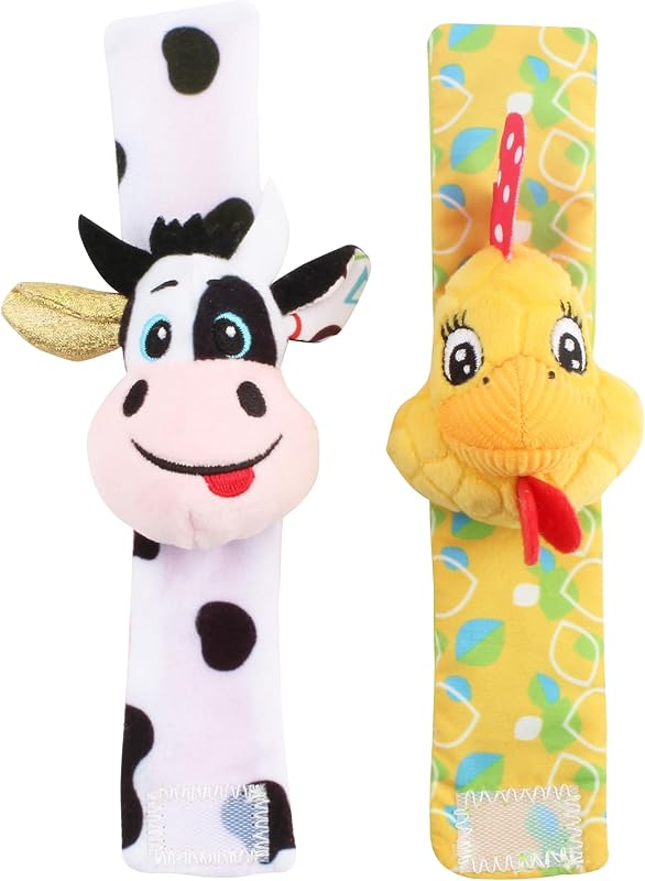 Farm Friends Wrist Rattle Set – Soft Plush Sensory Wristbands for Babies 0-12M | Cow & Chicken Baby Rattles | Velcro Strap Attachment | Developmental Toy for Newborns & Infants