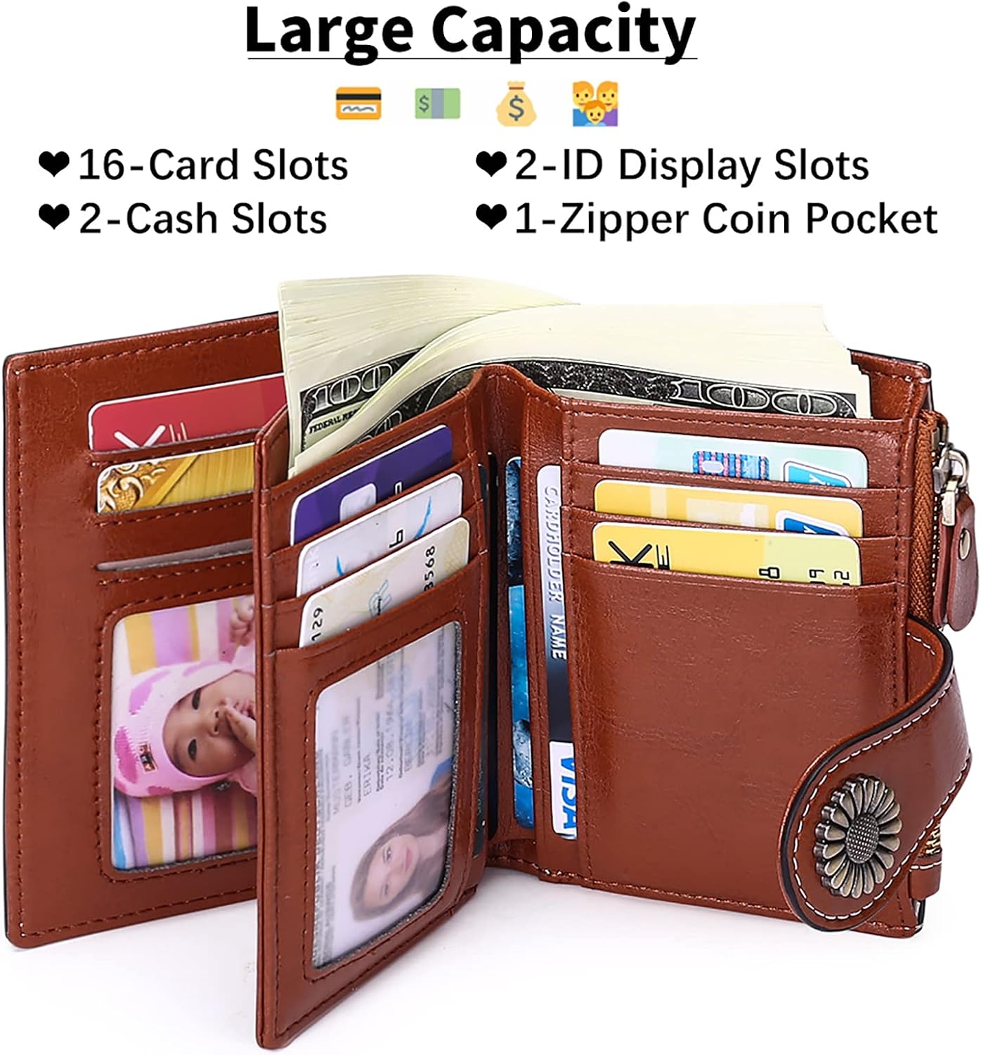 SENDEFN Bifold Purse Card Holder Wallet Genuine Leather RFID Blocking Wallet for Women with 16 Card Slots - Image 3