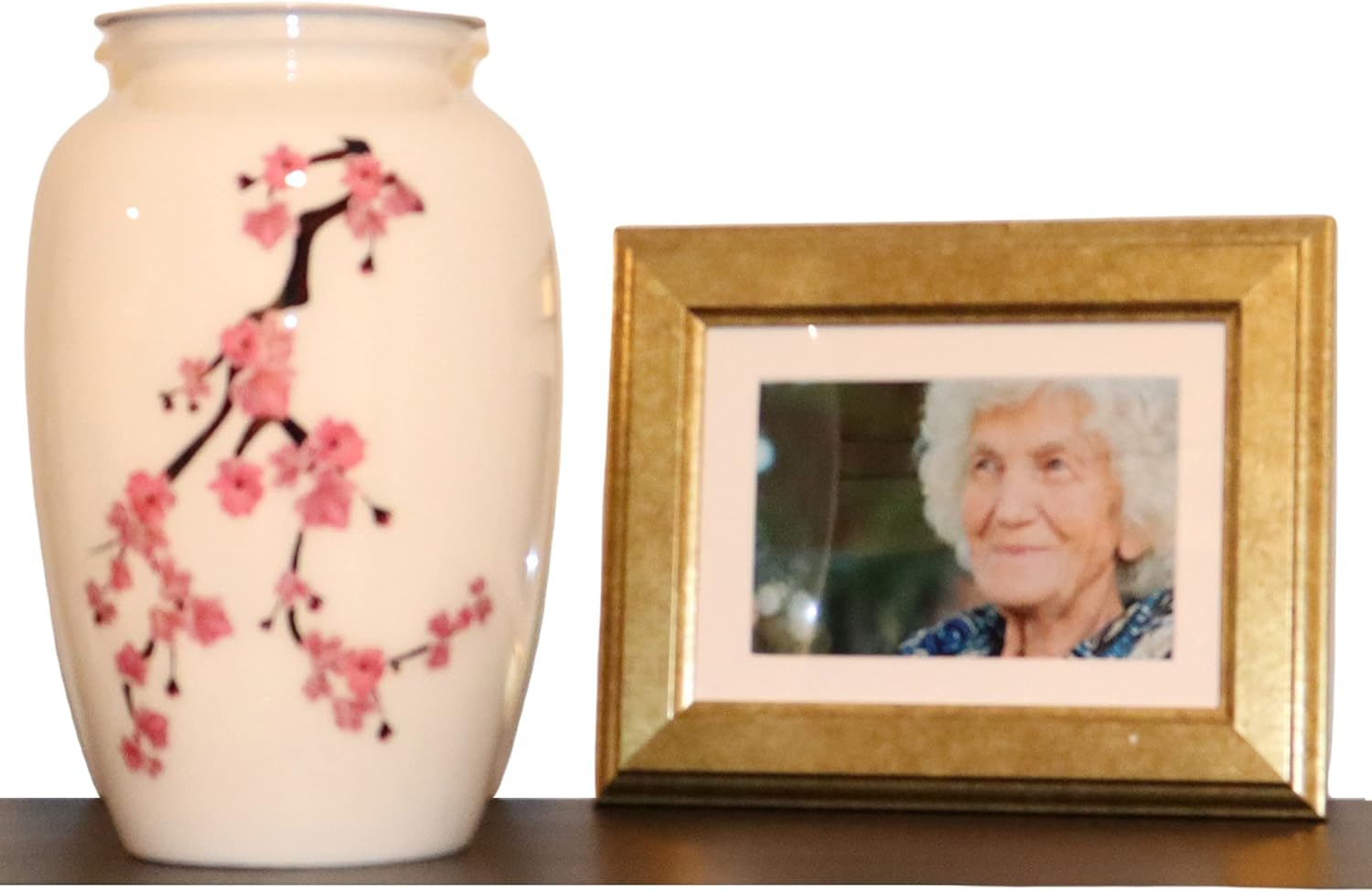 Liliane Memorials Pink Cherry Blossom Flowers Cremation Urn - White Funeral Urn for Human Ashes - Hand Made in Aluminum - Suitable for Cemetery Burial or Niche - Large Size fits Remains of Adults