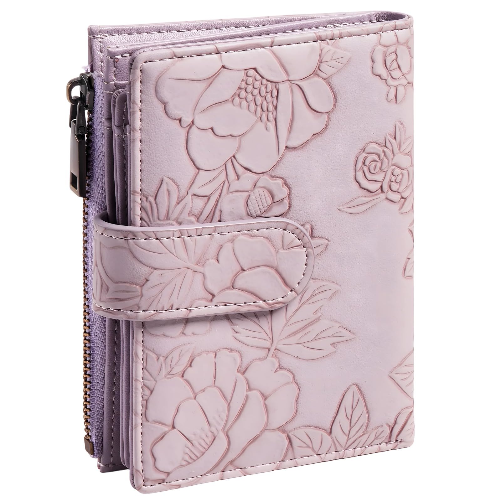 Portefeuille trifold en cuir PU embossé pour femme, porte-monnaie court avec protection RFID, fentes pour cartes, poche à monnaie, fermoir à boucle, fermeture zippée métal, porte-carte compact