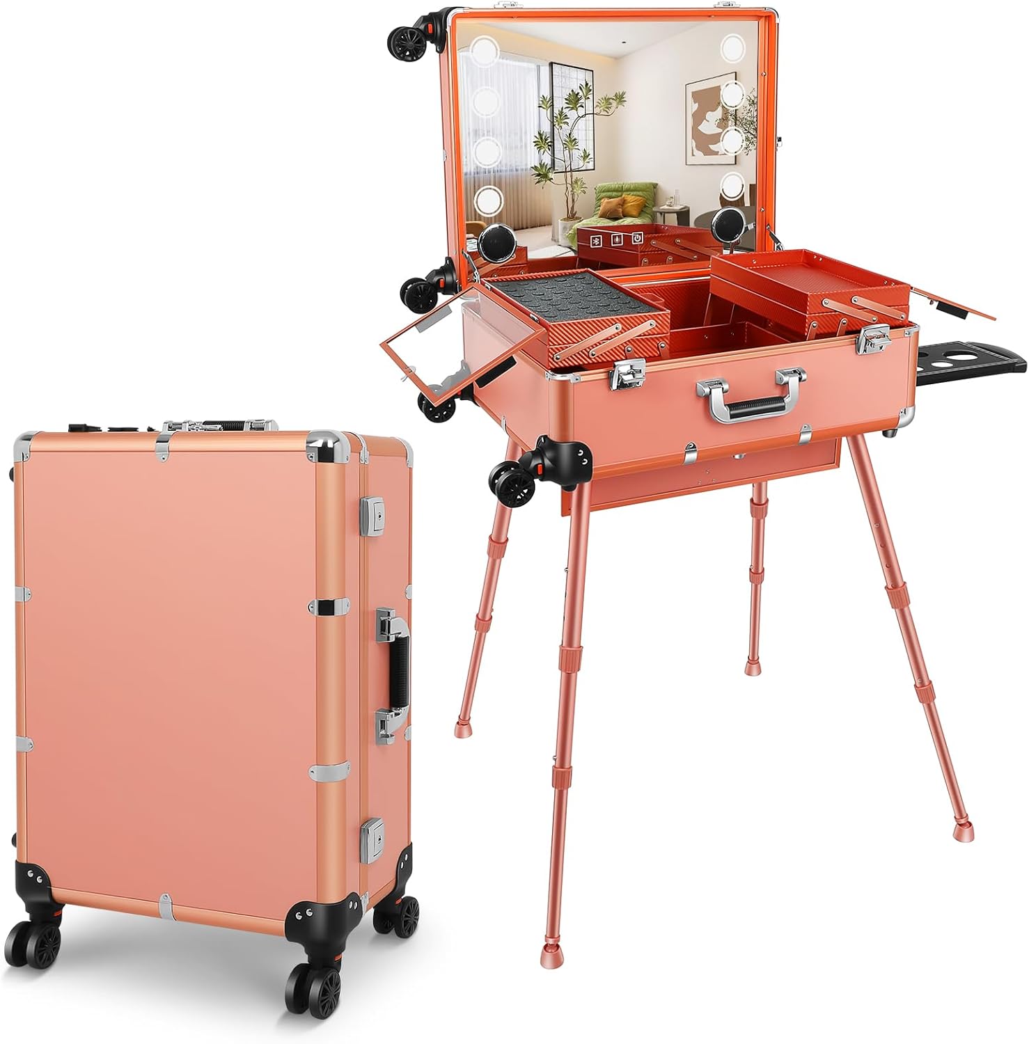 FAHKNS 24” Aluminum Trolley Makeup Train Case with LED Light Professional Cosmetic Make up Cosmetic Organizer Studio