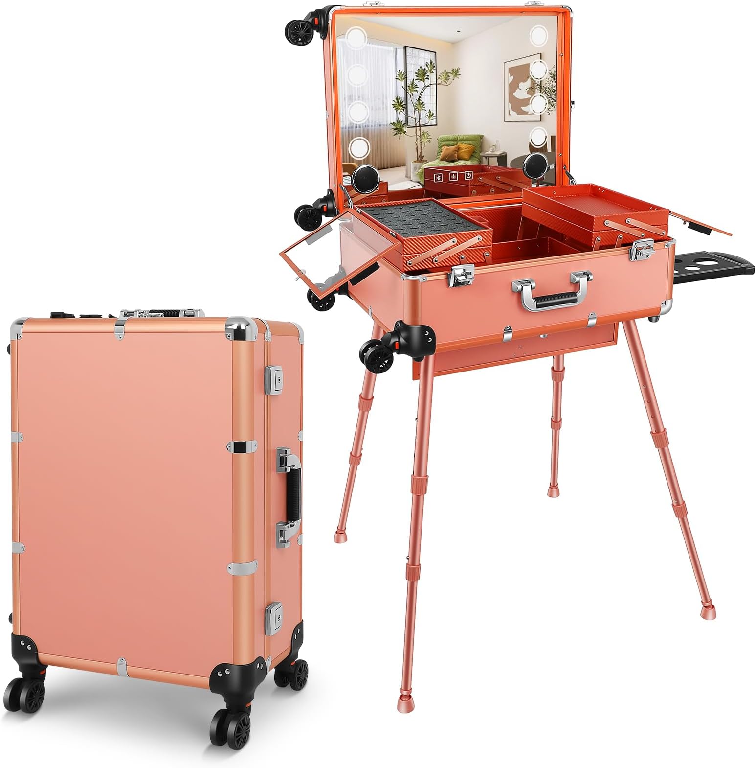 FAHKNS 24'' Aluminum Trolley Makeup Train Case with LED Light Professional Cosmetic Make up Cosmetic Organizer Studio