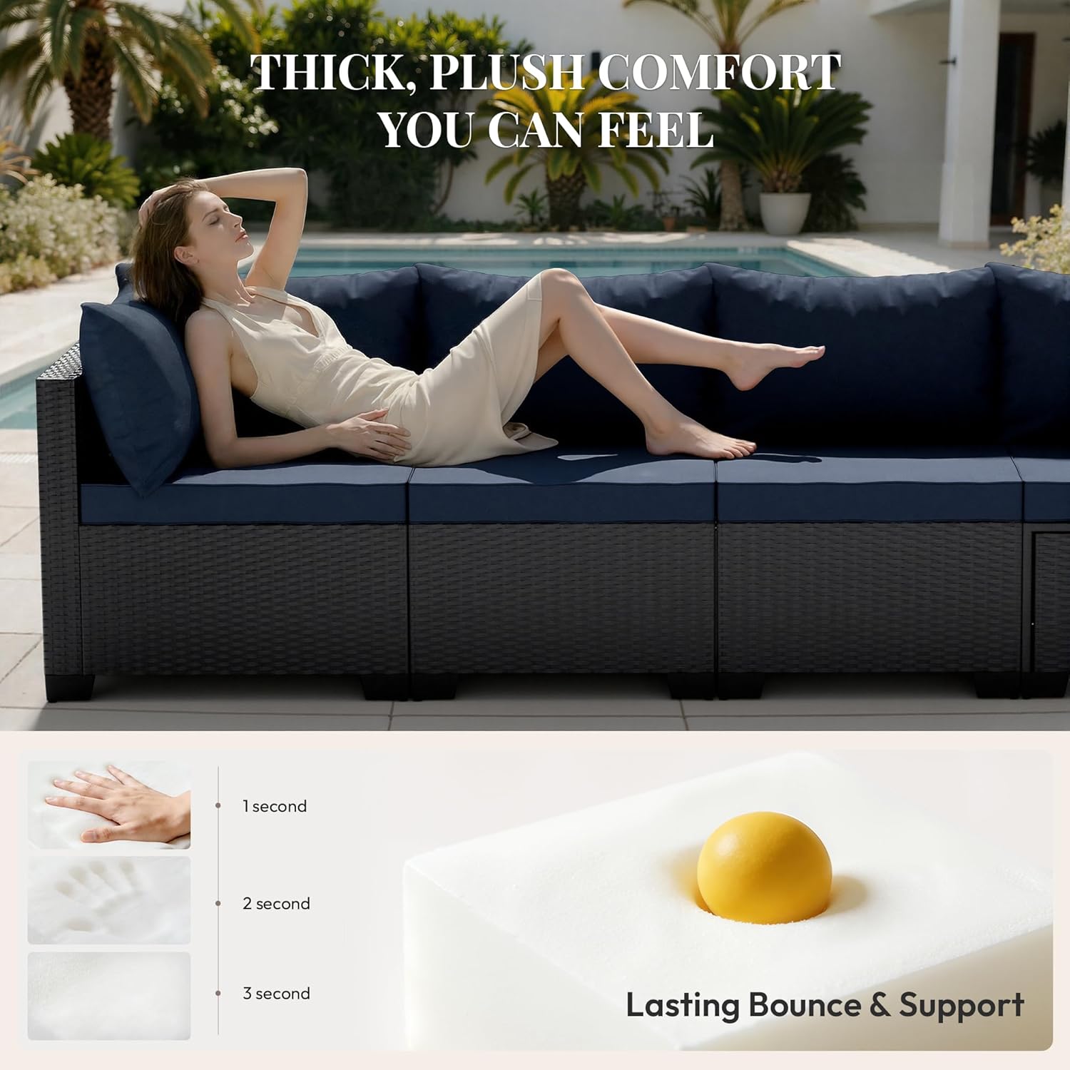 WWR Patio Furniture Set - All-Weather,Water-Resistant - 7 Piece Patio Wicker Rattan Sectional Sofa, Modular Outdoor Conversation Set for Backyard, Garden, Poolside, Balcony, Black/Navy Blue