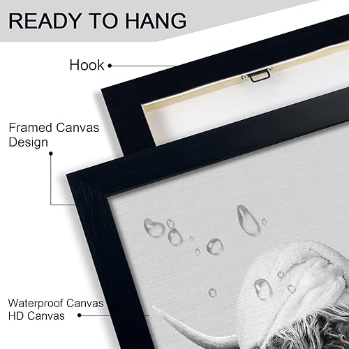 Vista 16 de Divertido arte de pared enmarcado de vaca de las tierras altas en bañera, lienzo blanco y negro, impresiones artísticas de pared de vaca, decoración