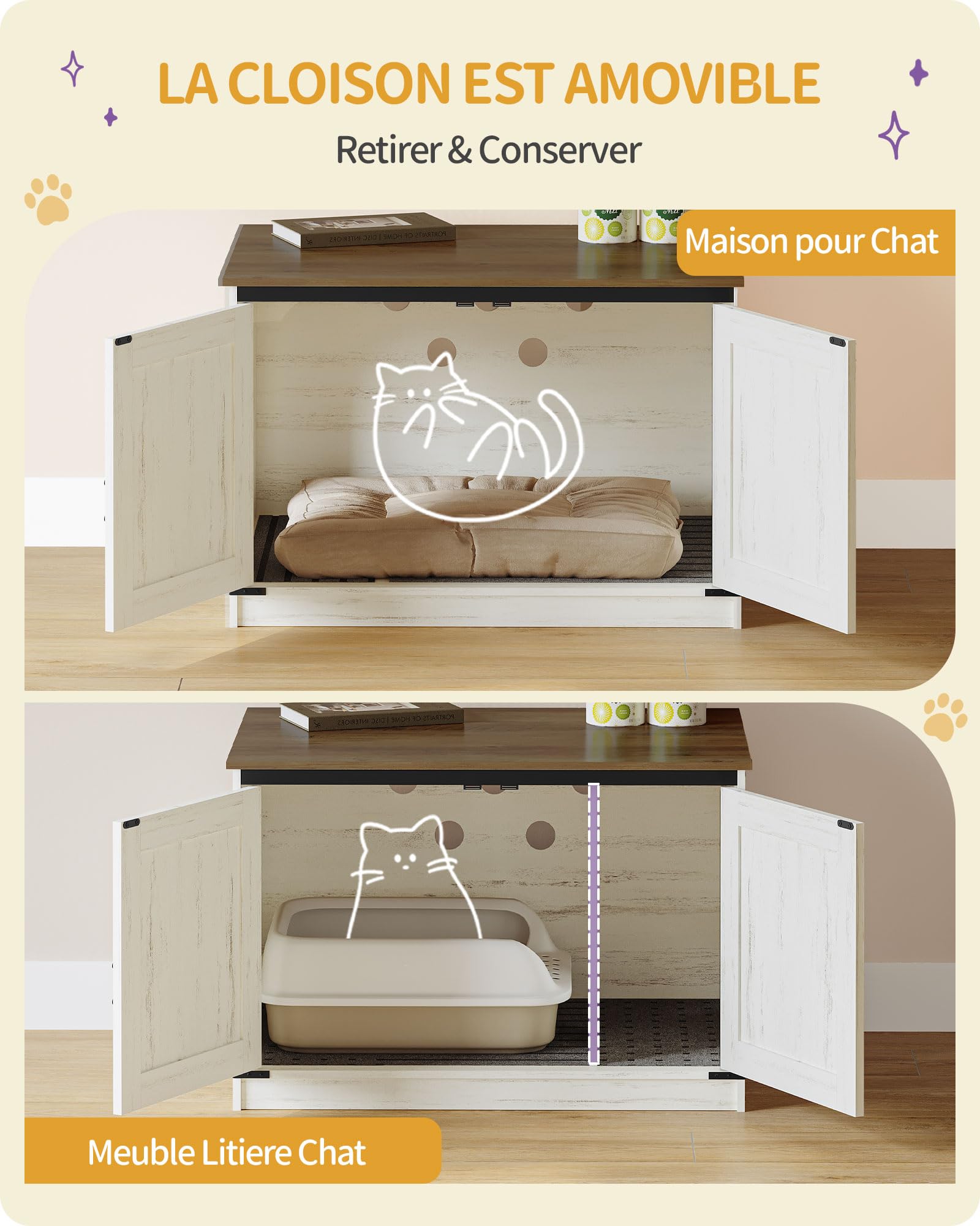 Hzuaneri Maison de Toilette Chat, Meuble Litiere Chat, Meuble à Litière avec Cloison Amovible, Maison pour Chats, Entrée Réversible à Gauche ou à Droite, 80 x 50 x 54 cm, Marron et Blanc CB86614X