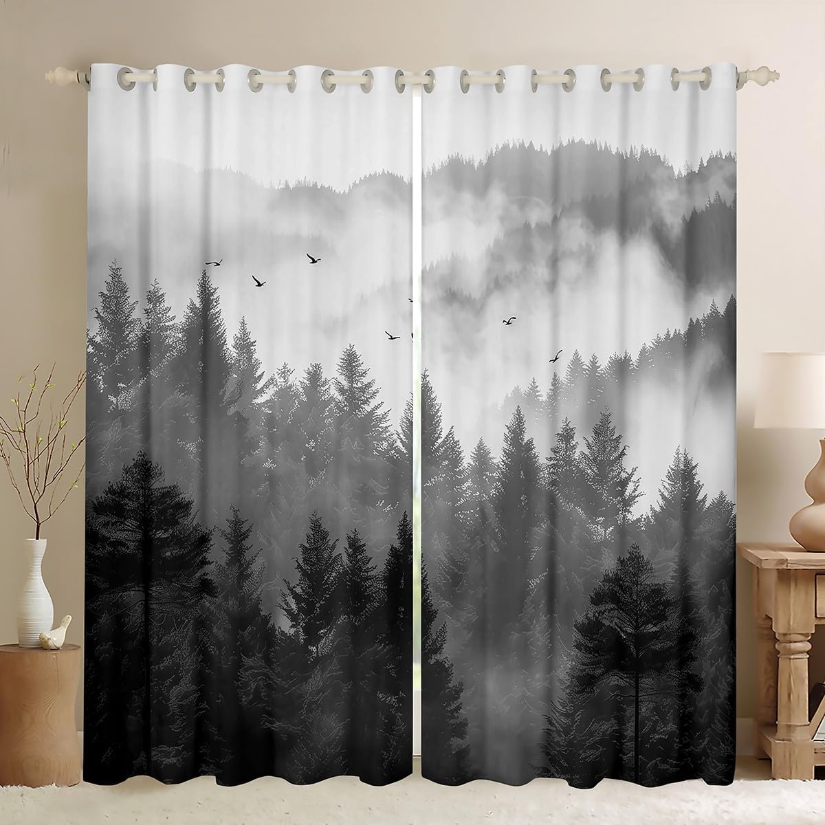 Erosebridal Blue Green Mountain Window Curtains Nature Forest Blackout Curtains Nature Misty Botanical Trees Window Treatments Drapes for Bedroom 2 Panels,38X45 Inch
